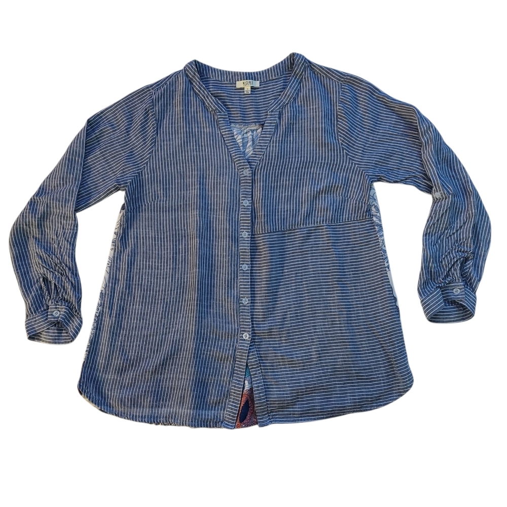Kori Blue and White Striped Top With Floral Pattern